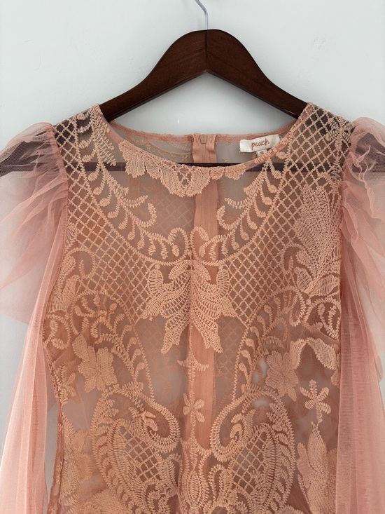Peach Lace Mesh Puff Sleeve Crop Top Romantic Coquette Sheer Blouse S - Picture 7 of 15